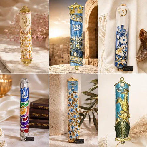 Vista 7 de Matashi Mezuzah para puerta con pergamino, pintado a mano esmalte azul Arca de Noé Mezuzah caso con jirafas, elefante y espinilla hebrea, decoración
