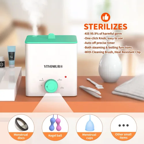 Vista 4 de Esterilizador de vasos menstruales mejorado, vaporizador de disco menstrual, modos de ebullición y vapor 2 en 1, temporizador de perilla de un solo