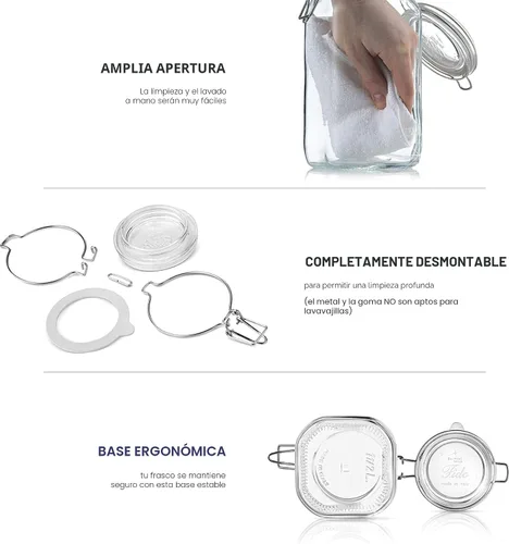 Vista 5 de Bormioli Rocco Tarros de almacenamiento de vidrio transparente: tapa hermética con bisagras con junta a prueba de fugas, recipiente de comida