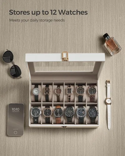 Vista 4 de SONGMICS Caja de reloj, caja de reloj de 12 ranuras con tapa de vidrio grande, almohadas extraíbles para reloj, organizador de caja de reloj, regalo