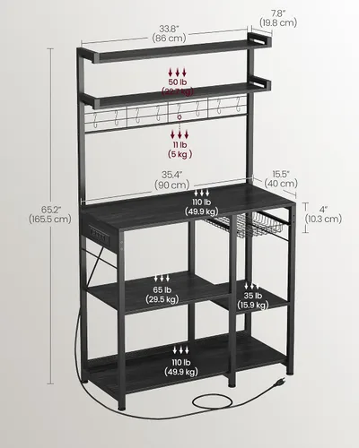 Vista 7 de VASAGLE - Estante para panadero, soporte para microondas de 35.4 pulgadas con cesta de alambre, 8 ganchos Para especias, ollas y sartenes, gris