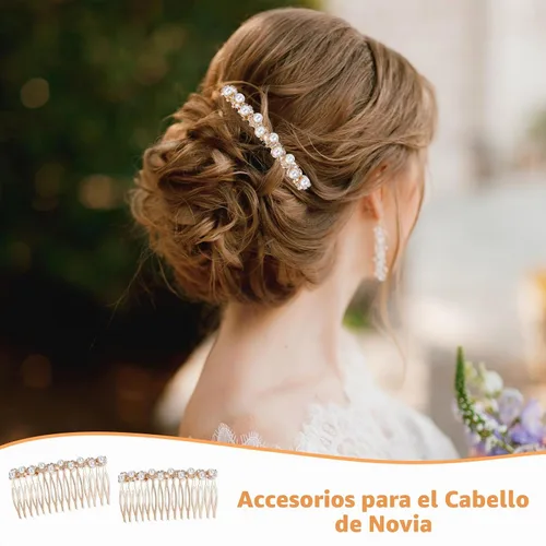 Vista 5 de 2 peines para el cabello para mujer, accesorios para el cabello, peines decorativos para mujer, peine de cabello con perlas doradas con diamantes