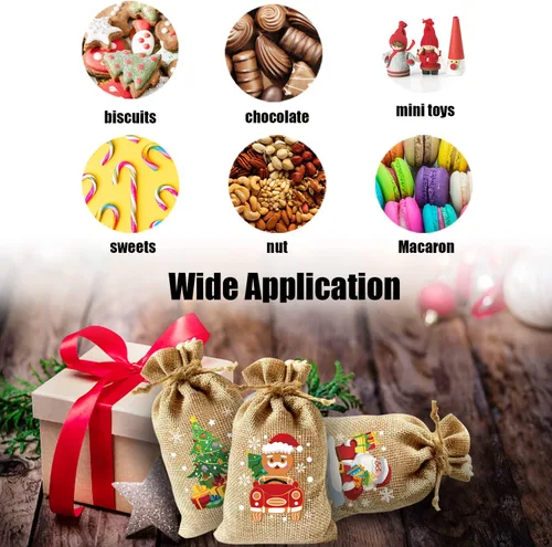 Vista 4 de LOMIMOS 36 Bolsas de Arpillera con Cordón Navideñas, Bolsas Reutilizables de Lino Yute para Regalos Dulces Caramelos Envoltorio Obsequios