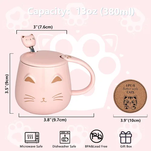 Vista 4 de Juego de Tazas de Gato de 3 Lindas Tazas de Cerámica para Gatos con Tapa, Cuchara y Posavasos Taza de Café para Gatos para Mujeres, Niños, Amantes