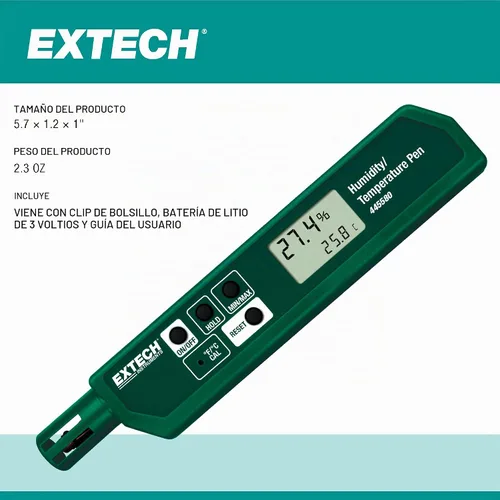 Vista 7 de Extech 445580 Medidor de humedad y temperatura de tamaño pluma con clip de bolsillo