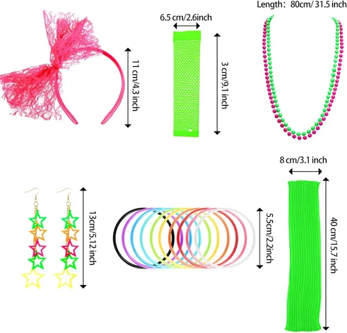Vista 2 de 80s Costume Accessories for Women 80s Costume with Lace Neon Headband Earrings Fishnet Gloves Leg Warmers Necklace Bracelet