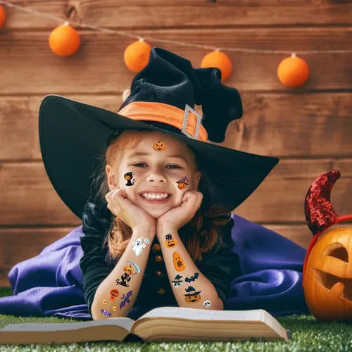 Vista 3 de 298 piezas de decoraciones de Halloween, recuerdos de fiesta, tatuajes temporales para niños, Halloween, surtido de trucos o tratos, calcomanías