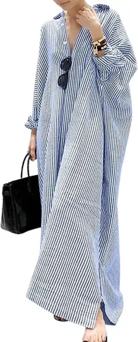 Vista 10 de Utcoco Vestido de manga larga a rayas para mujer, casual, suelto, con botones, de algodón, maxi, tipo camisa Negro