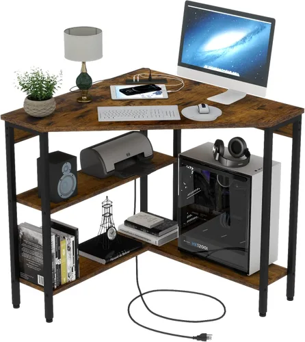 Vista 10 de Escritorio esquinero triangular con tomas de corriente, estantes de almacenamiento para espacio pequeño 90 Degree Corner Table with CPU Stand