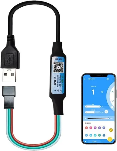 Vista 4 de USB 5-24V SP621E Mini controlador LED Bluetooth Control APP para WS2811 WS2812B SK6812 Pixeles Dream Color LED Strip (con conector USB)
