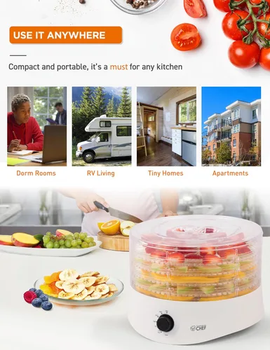 Vista 7 de Commercial Chef - Deshidratadora de alimentos, cinco bandejas de plástico libres de BPA de 9.25”, deshidrata y seca carne, frutas, verduras y Blanco