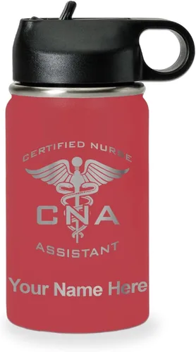 Vista 24 de LaserGram Botella de agua personalizada, asistente de enfermería certificada por la CNA, acero inoxidable de doble pared aislada al vacío con popote