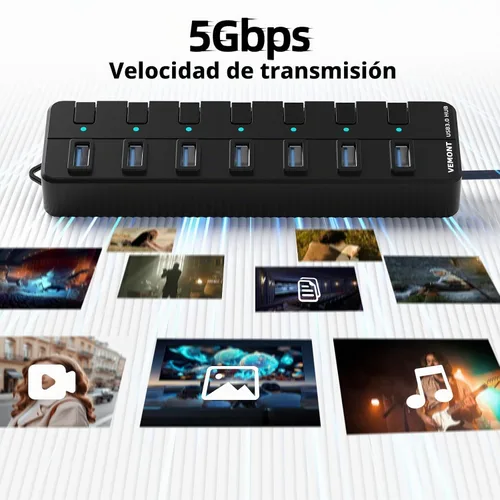 Vista 4 de Concentrador USB, concentrador USB 3.0 de 7 puertos, divisor USB VEMONT con interruptores y luces individuales de encendido/apagado, cable largo USB