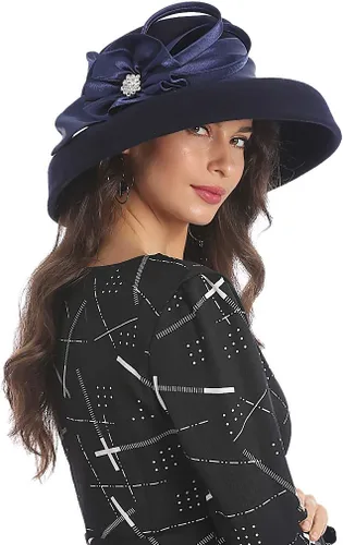 Vista 3 de FORBUSITE Sombreros de fiesta de fieltro de lana para mujer, para otoño, invierno, sombreros de iglesia de los años 1920 y 1950 azul marino