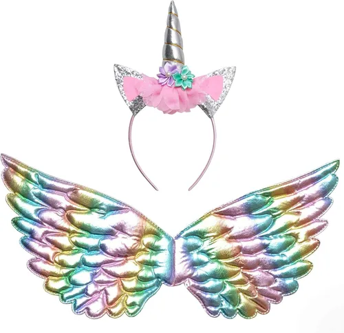 Vista 8 de QPANCY Vestidos de unicornio para niñas, trajes de concurso de princesa, diadema y ala a juego