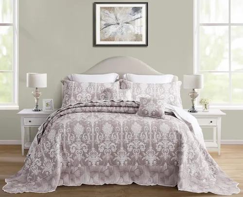 Vista 3 de Edredón extragrande para cama King, diseño de patrón damasco matelasse de jacquard, ligero, reversible, 5 piezas, 100% microfibra, pasta de frijol