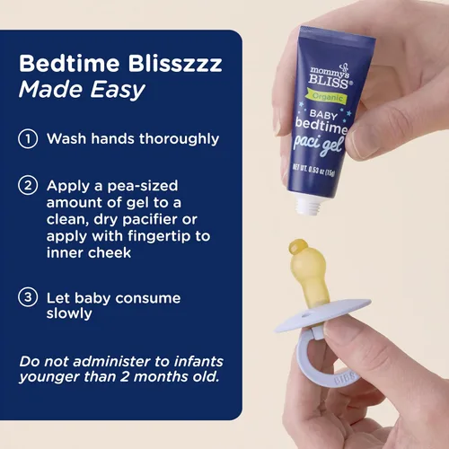 Vista 4 de Mommy's Bliss Gel Orgánico para Chupete de Bebé para la Hora de Dormir, Promueve el Sueño Reparador*, Sin Melatonina, Edad 2 Meses+, 0.53 Fl Oz