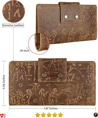 Vista 4 de Mou Meraki Cartera larga con bloqueo RFID de cuero genuino - Vintage Bifold para hombres (COGNAC antiguo)