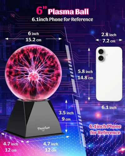 Vista 5 de Theefun Bola de Plasma: Verdadera Bola de 6 Pulgadas con Base de 3.5 Pulgadas, Globo de Plasma Regalos de Navidad Lámpara Sensible al Tacto y Sonido