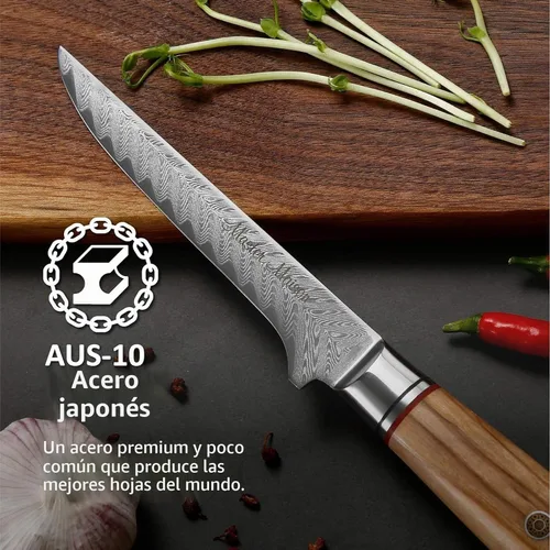 Vista 4 de Master Maison Cuchillo de filete de acero de Damasco de 6 pulgadas con mango de espiga completa, funda, piedra de afilar, caja de almacenamiento