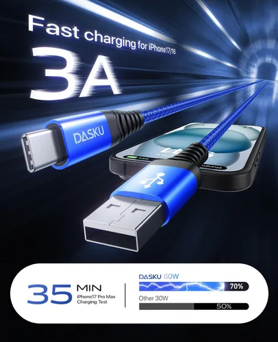 Vista 17 de Dasku iPhone 17 USB C a USB C de carga rápida, 60 W (3.1 A), paquete de 2 cables cargador de carga de 3 pies tipo C para iPhone 17/16/15/15 Plus/15