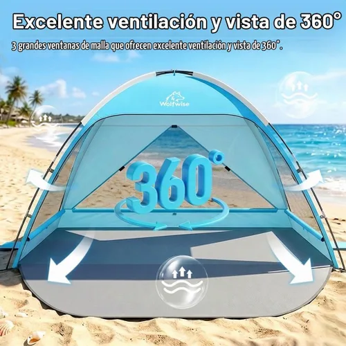 Vista 2 de Wolfwise Tienda de playa Refugio de sol portátil, Cabaña estándar de la Shade Beach Essentials, protección UV UPF 50+ y fácil instalación, ventanas