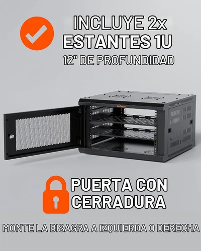 Vista 3 de ECHOGEAR 6U Rack de Red - Kit de Rack de Pared Montado en la Pared Incluye 2X Estantes de 1U, Ventilador Premontado, Puerta con Cerradura y Hardware