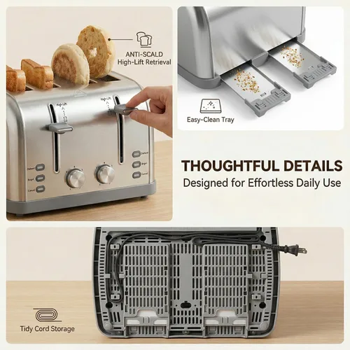Vista 7 de Tostador retro de 4 rebanadas de acero inoxidable, el mejor tostador Prime de 4 rebanadas con ranura ancha y 7 configuraciones de tostado, perfecto