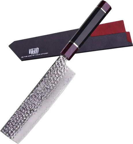 Vista 11 de Cuchillo de cocina multiusos de 5 pulgadas con funda de ABS, cuchillo mondador japonés multiusos, hoja de acero de Damasco, mango octogonal