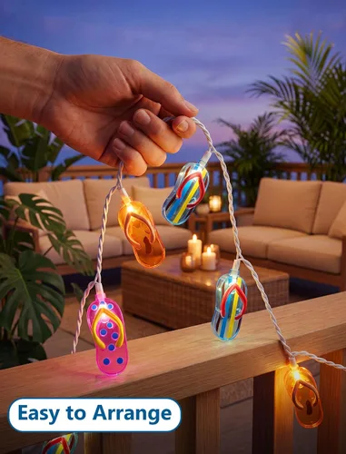Vista 3 de Luces de cadena tricolor de pantuflas de 8.5 pies, luces de chancletas con temática de playa tropical al aire libre con 10 bombillas de plástico