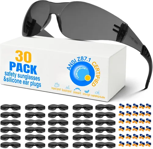 Vista 10 de Paquete de 12 lentes de seguridad transparentes para hombres y mujeres – Certificado ANSI Z87.1, 12 tapones de silicona para los oídos (NRR 25 dB)