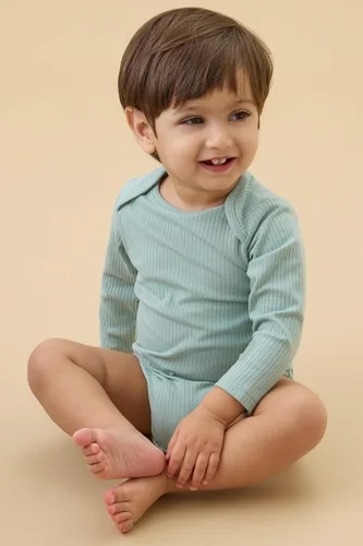 Vista 3 de MORI Body unisex de manga larga para bebé de viscosa de bambú y algodón orgánico, cómodo mameluco para niños y niñas Ecru