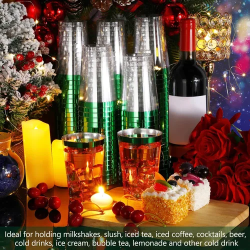 Vista 4 de Patelai 100 piezas de vasos de plástico verdes de 12 onzas, vasos de plástico con borde verde resistentes, vasos desechables para vino, vasos