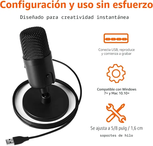 Vista 3 de Amazon Basics Micrófono USB de condensador para transmisión, grabación y podcast en PC, plug and play, captación cardioide, soporte ajustable