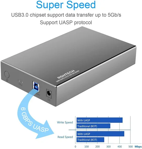 Vista 4 de Carcasa para disco duro RSHTECH USB 3.0 a SATA de aluminio para disco duro externo de 3.5 pulgadas HDD SSD hasta 16TB, soporte UASP (RSH-339) Caja