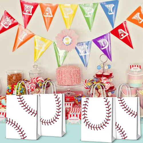 Vista 5 de BQK 16 bolsas de aperitivos de béisbol para niños con asas, bolsas de regalos de béisbol, bolsas de regalo de béisbol, suministros de fiesta