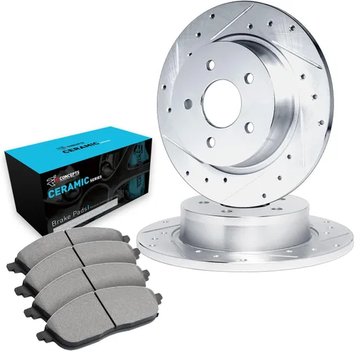 Vista 13 de R1 Concepts Kit de frenos delantero y trasero para Lexus CT200h 2011-2014, Toyota Prius 2010-2015 Rotores de freno perforados ranurados Kit