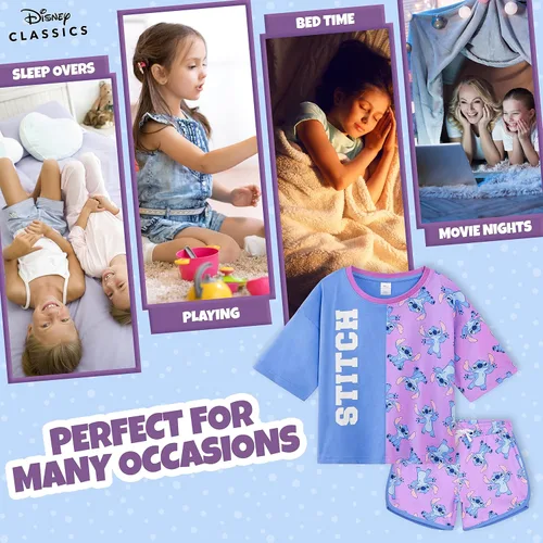 Vista 4 de Disney Conjunto de pijama para niñas, ropa de dormir de verano de La Bella y la Bestia, Rey León, Princesa, Stitch PJs de 2 piezas