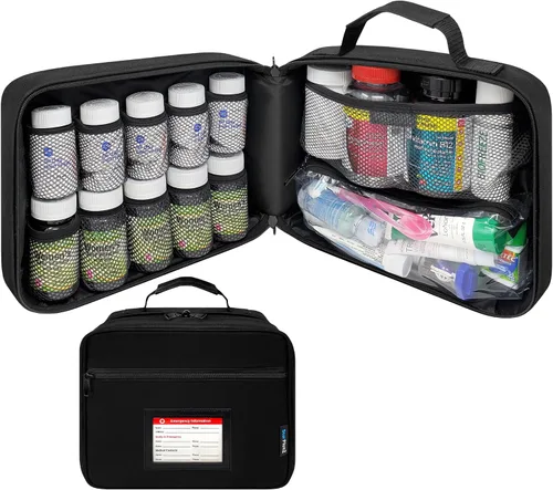 Vista 9 de Organizador de frascos de píldoras acolchado grande, bolsa de medicamentos, estuche, portador para medicamentos, vitaminas y suministros médicos