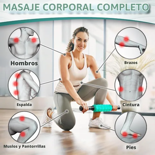 Vista 4 de Barra de rodillo muscular, verde, masajeador corporal de mano, 9 rodillos