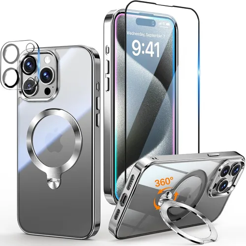 Vista 25 de [Protección Tri-Shield] Funda para iPhone 13 Pro con soporte giratorio de 360° compatible con MagSafe [anillo magnético de CD)