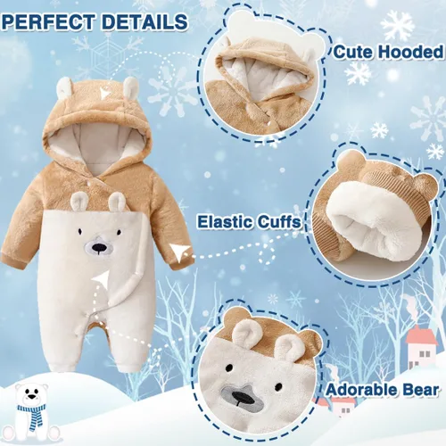 Vista 3 de Fairy Baby Traje de nieve para bebé recién nacido, oso enterizo, abrigo cálido de invierno para niñas y niños de 0 a 18 meses