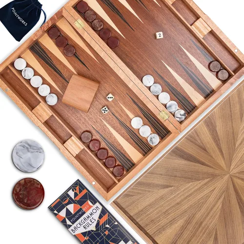 Vista 8 de Pointworks Juegos de backgammon de 17 pulgadas para adultos. Hermoso juego de mesa de backgammon con incrustaciones de madera con damas y dados