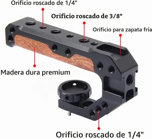 Vista 4 de Mango superior de madera para cámara con pasadores de localización de 3/8"-16, mango superior de madera con zapatos fríos compatible con interfaz