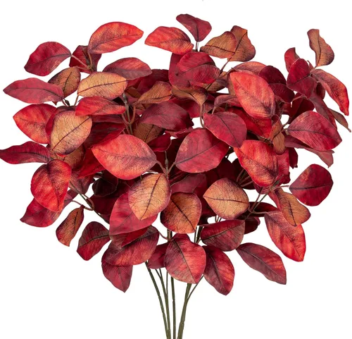 Vista 10 de Briful 3 piezas de hojas de otoño artificiales de magnolia arbustos de hojas de otoño de 15 pulgadas, color burdeos para florero, arreglo floral 3