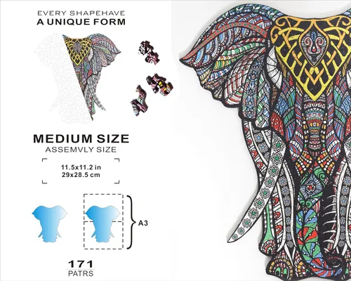 Vista 3 de HARTMAZE Rompecabezas de madera decorativo de elefante HM-06, rompecabezas de tamaño pequeño, 171 piezas de rompecabezas de formas únicas, hermoso