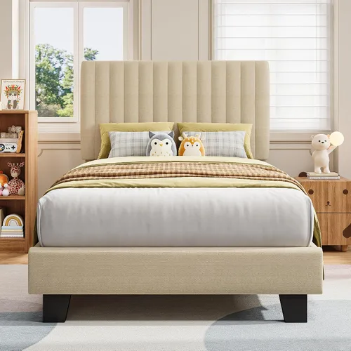 Vista 13 de iPormis Base de cama tamaño twin, cama de plataforma tapizada con cabecera de lino vertical, patas de cama anchas y soporte de listones de madera