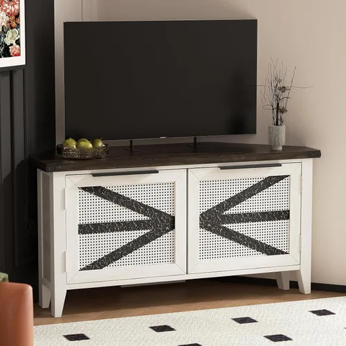 Vista 9 de VFK Soporte de TV de esquina de estilo granja para TV de 50 pulgadas, centro de entretenimiento rústico con almacenamiento, mesa de consola
