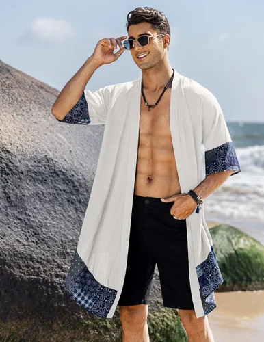 Vista 2 de COOFANDY Cárdigan de algodón con cuello de chal con volantes para hombre, cárdigan largo tipo kimono