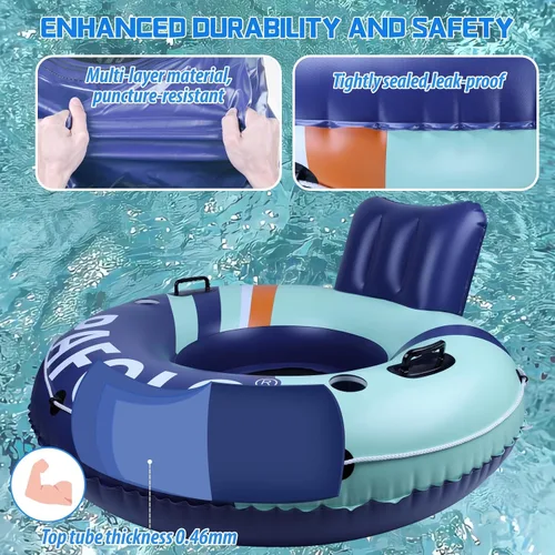 Vista 7 de Flotador inflable de tubo de río, flotador de piscina para adultos, tubos de río para flotar resistente con parte inferior de malla, respaldo cómodo